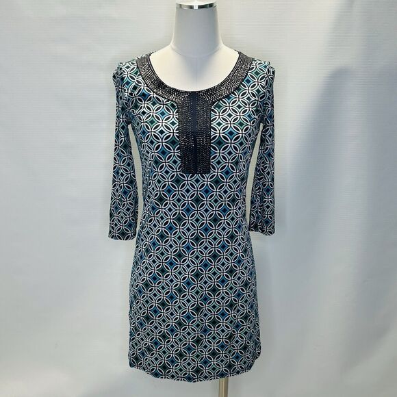 LOFT Blue Geometric Sheath Dress Womens Size 2 Bugle Bead Neckline - Picture 1 of 12